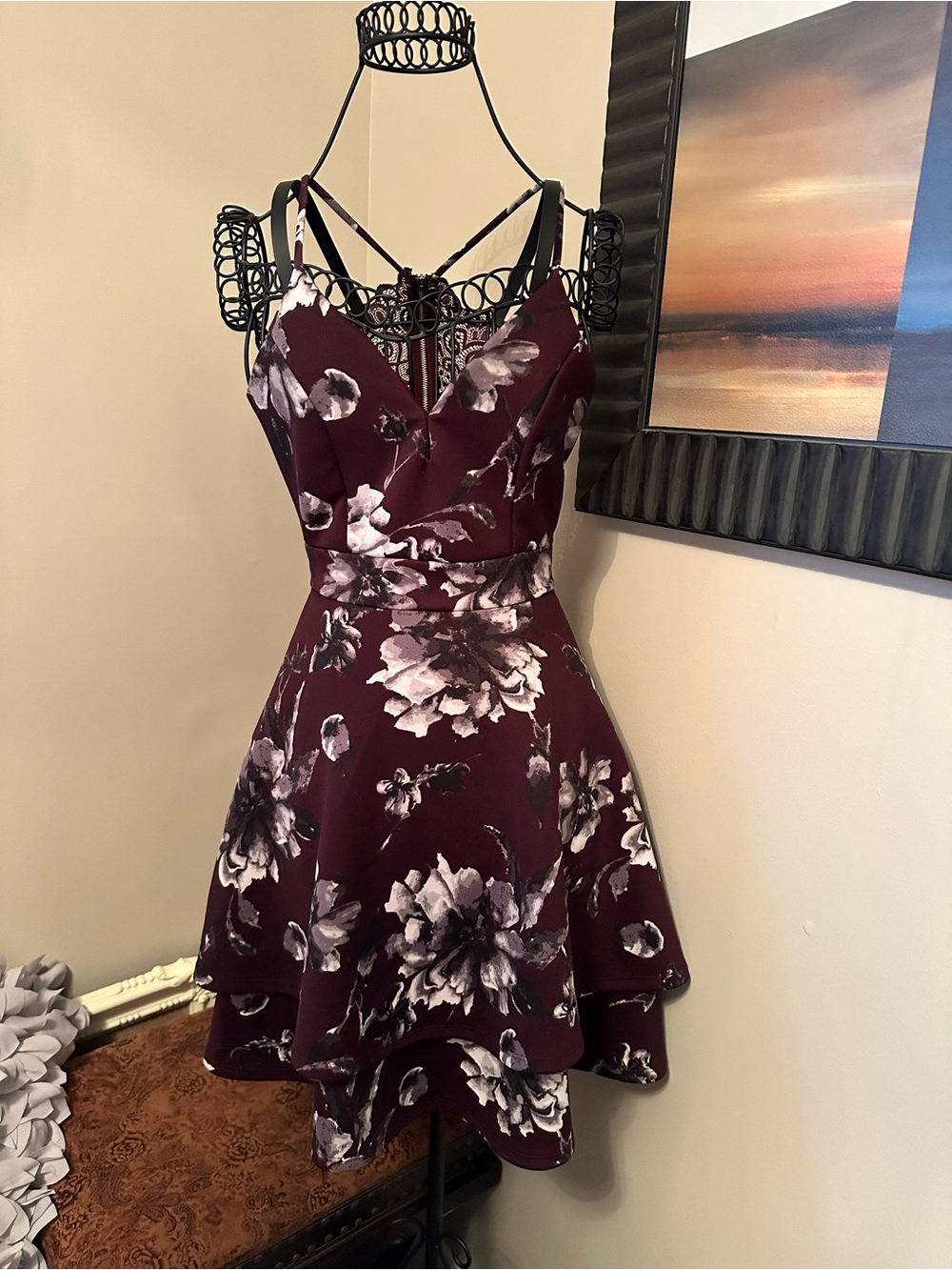 Floral Fit & Flare Spaghetti-Strap Dress in Burgundy